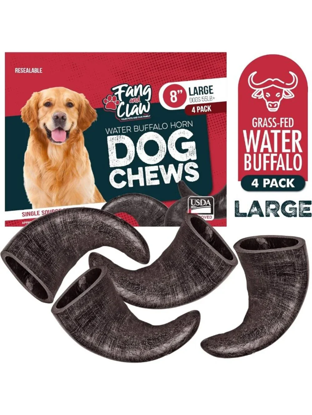 4 Pack Large Water Buffalo Horns for Dogs - Natural Chew for Aggressive Chewers